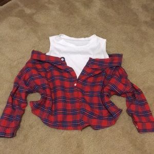 Off the shoulder plaid shirt